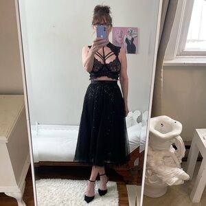 BLACK TULLE SEQUIN FULL SKIRT STRETCH WAIST LINED MESH SKIRT LAYERS SEXY GOTH
